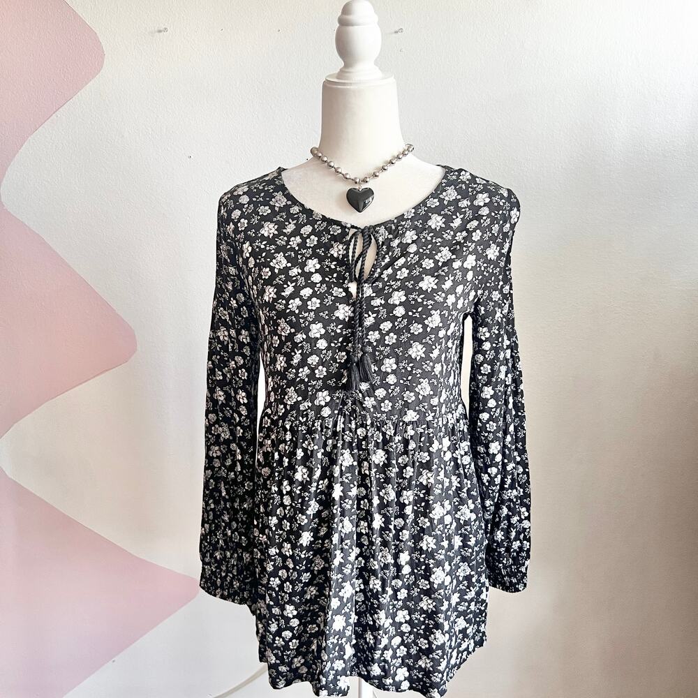 Black Floral Babydoll Top, Fairy Grunge Y2K 2000s Gothic Fairycore Small‎